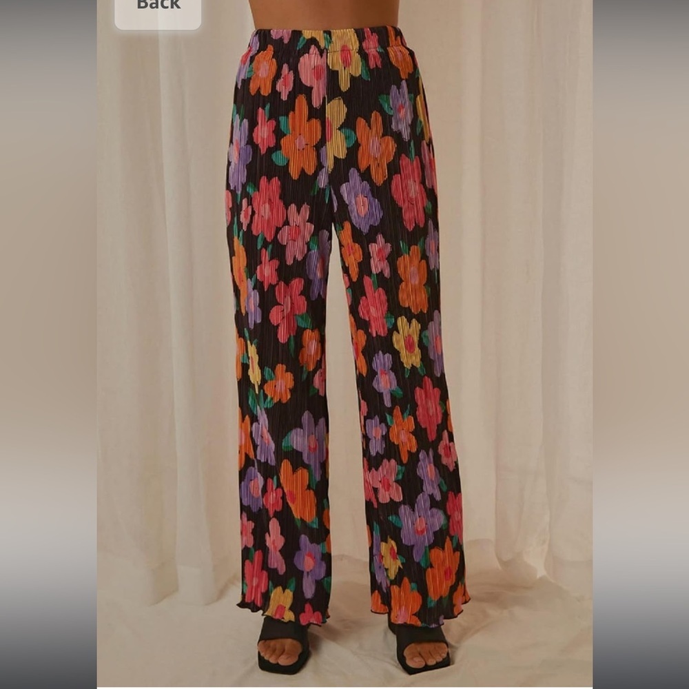 Women 2 Piece Floral set - Button Down Long Sleeve Shirt+Wide Leg Pants - Picture 5 of 7